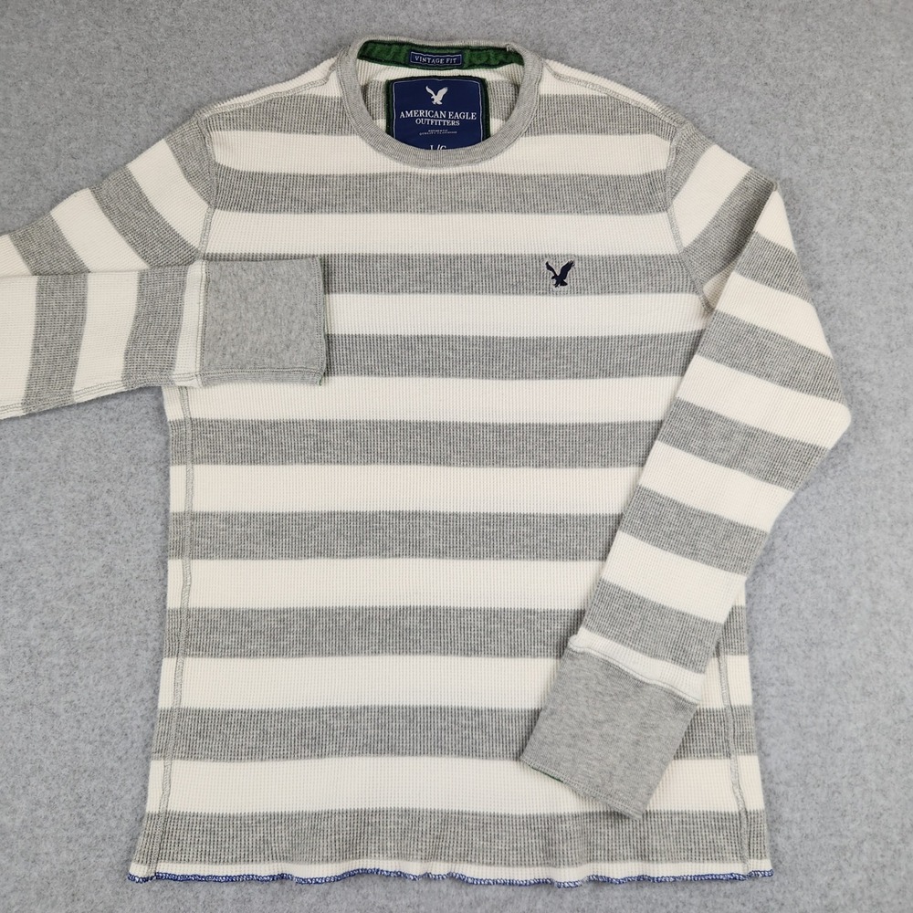 American Eagle‎ Thermal Shirt Mens L Grey Cream Striped Waffle Knit Vintage Fit
